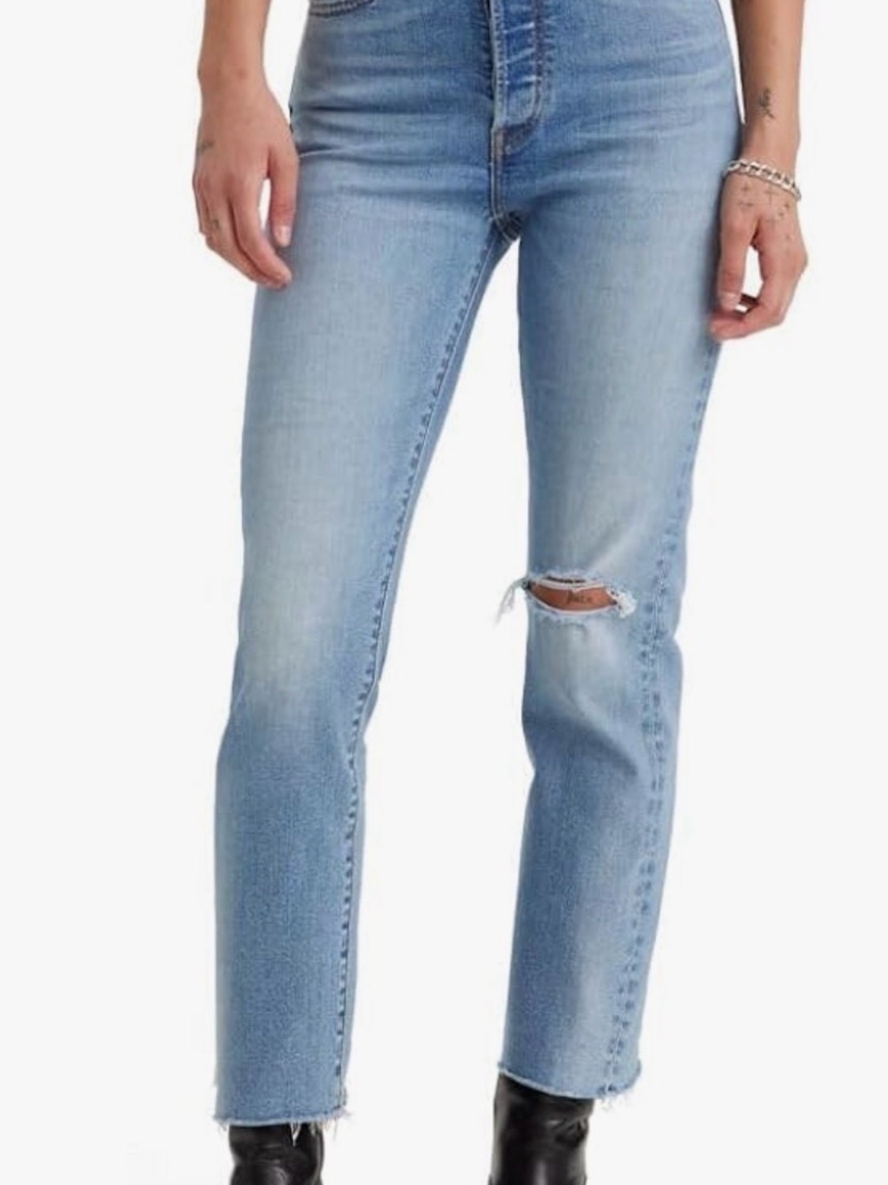 Levi's Light Blue High-Rise Straight Jeans with Knee Rip
